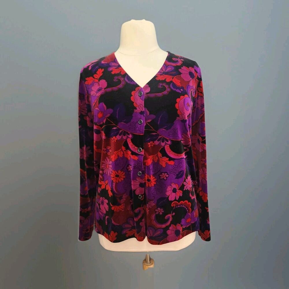 Carol Little Crushed Velvet Velour Button Up Floral Vibrant Top Sz XL